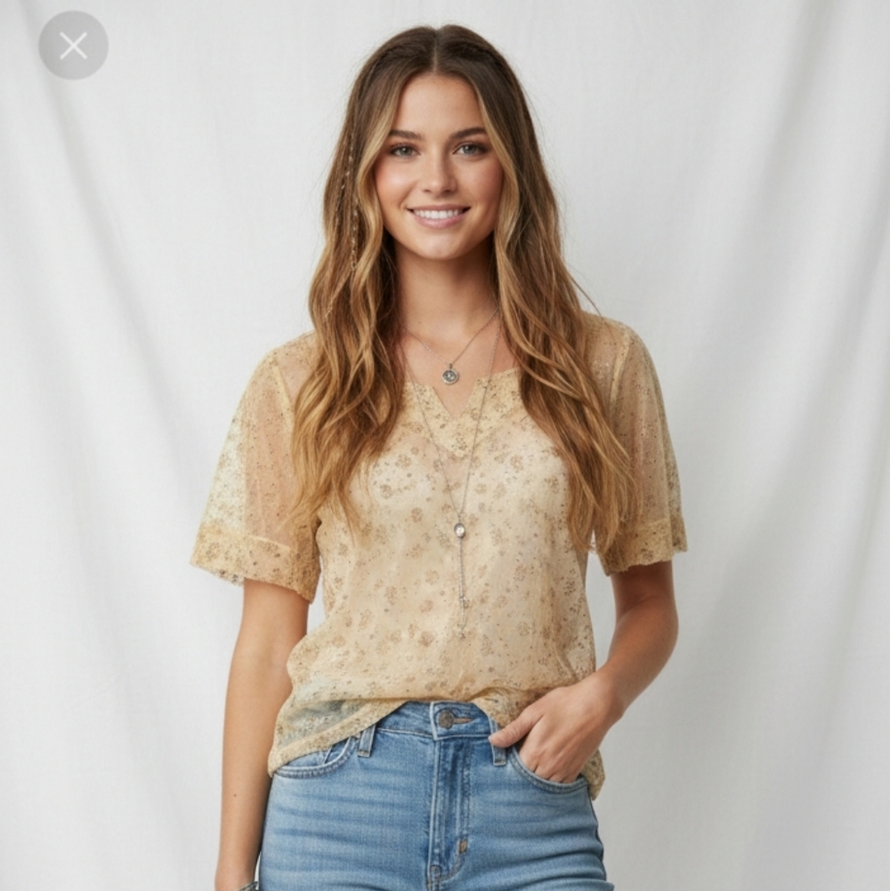 John & Philip Tan Gold Fairy Twee Blouse Sheer Floral Coquette Whimsy M